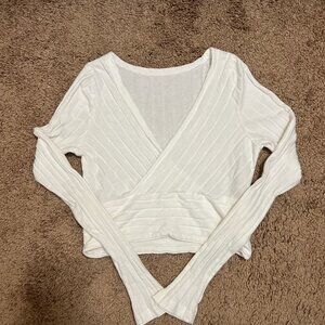 Shein White V Neck Cropped Long‎ Sleeve
